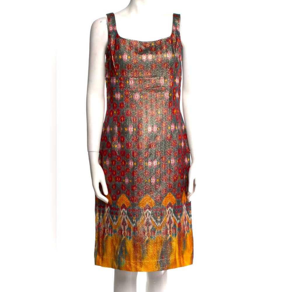 ST JOHN Metallic Sheath Dress Floral Burgundy Marigold Designer Luxury Sz 12